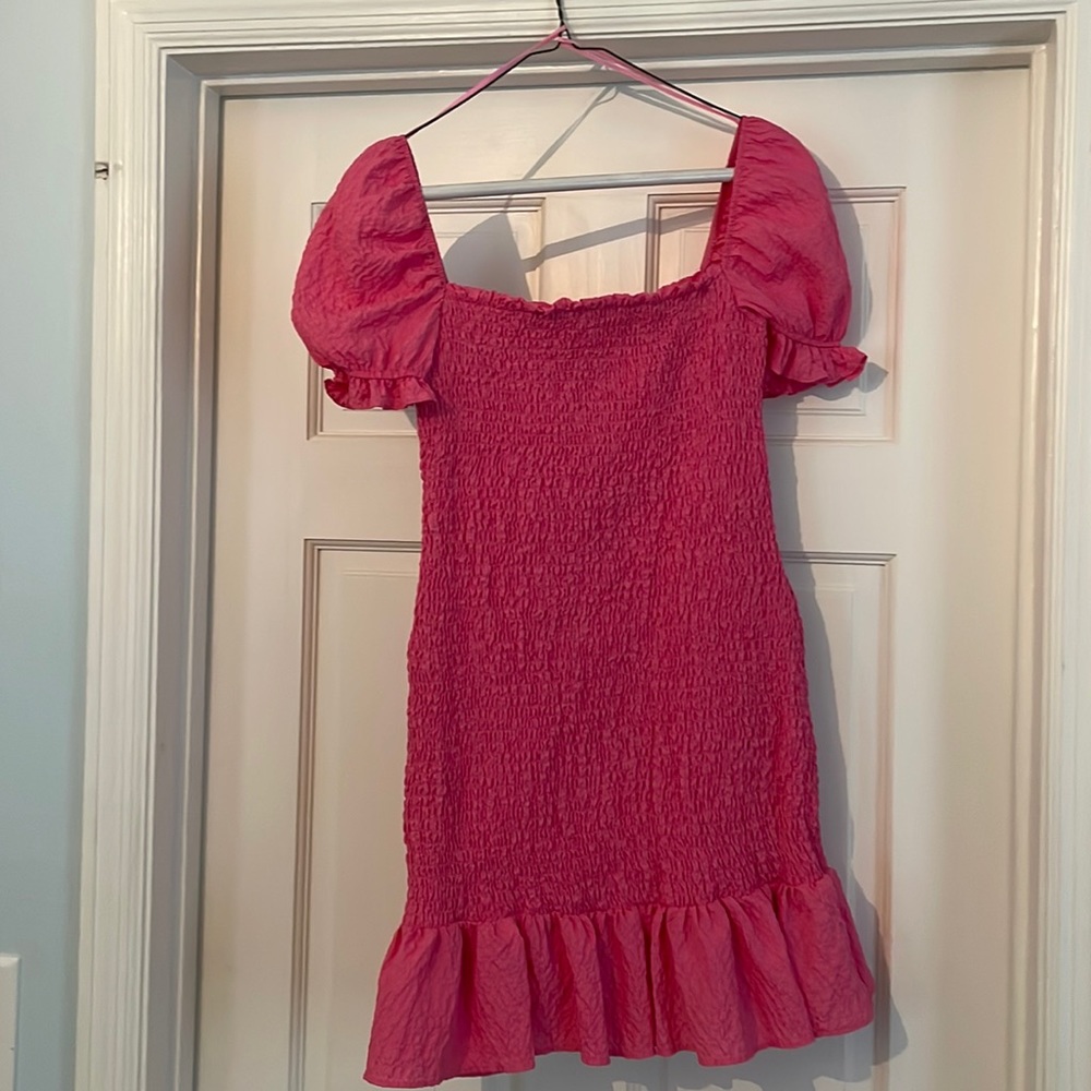 Zara square neck puff sleeve pink ruched mini dress NWT
